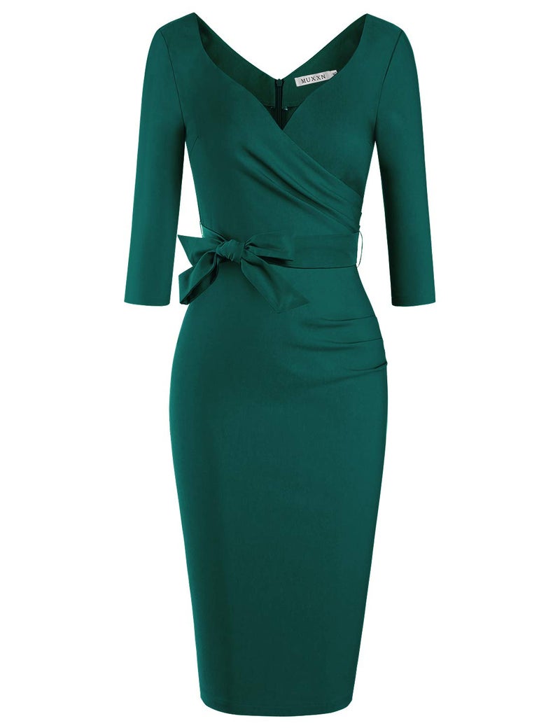 MUXXN Ladies Dark Green Wrap Deep V-Neck Ruched Bandage Sheath Midi Prom Dress (Dark Green L) - Image 3